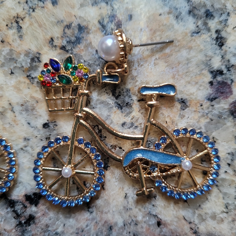 Blue & Gold Bike Rhinestone Earring✨️ - Picture 6 of 7